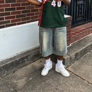 Vintage Y2k Baggy Denim Shorts Wide Leg Hip Hop Solid Jorts Men Fashion Mid Waist Wash Knee Length 100% Organic Eco-Friendly