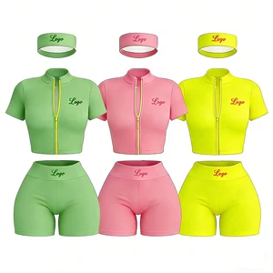 Clothing Manufacturer Women Streetwear Workout Sets Zip Up Short Sleeve Shirts And Shorts 3 Piece Shorts Set Gym Tracksuits
