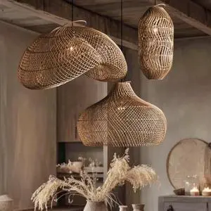 Nordic Handwoven Rattan Pendant Light Natural Bamboo Hanging Lamp Boho Dining Room Villa Decorative Ceiling Fixture