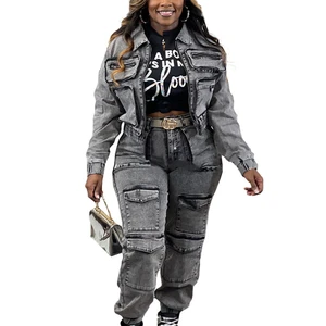 Factory Wholesale Fashion Women's Two Piece Denim Jeans Fashion Jacket Denim Trousers Casual Wear Denim Sets