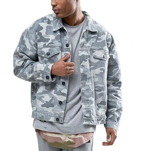 OEM Custom Suit Piece Set Zip up Jacket Men All Over Camo Printing Denim Jacket Button up Men'S Jean Windbreaker Jacket