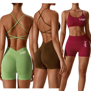Yoke Sportswear Women Conjuntos De Fitness Sports Activewear Backless Bra and Scrunch Butt Short Seamless Yoga Gym Set for Girl