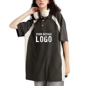 Support OEM and ODM New Design Loose Half Sleeve Plus Size Women's Polo Shirt Street Casual 285g Contrast Color Lapel Washed Lady T Shirts