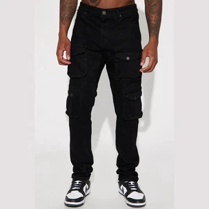 Wholesale Men's High Waist Street Style Biker Jeans Dark Washed Skinny Pants with Ripped and Patched Denim Plus Size Available