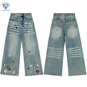 YUANBOFEI Women's Jeans Blue Washed Cartoon Bear Embroidery Wide Leg Denim Pants Elastic Waist Streetwear Baggy Jeans Pants