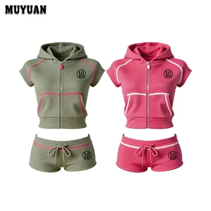 Summer Knitted Texture Plain 2 Piece Set Zip Hoodie Short Pants Suit for Woman Simple Casual Everyday Attire Custom logo Low Moq