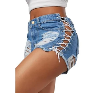 Trendy Womens Denim Shorts with Frayed Hem Distressed Style Slim Fit Design Ideal for Street Fashion and Casual Look