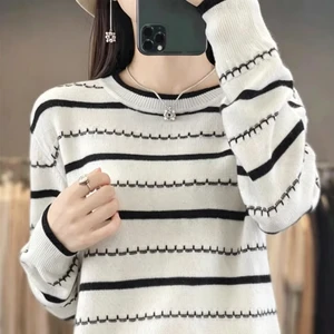 Women's Black White Striped Crew Neck Knit Sweater Trim Long Sleeve Knit Top Gentle Commuter Style Custom Sample Orders Accepted