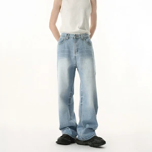 Men's Clothing | New Korean Style Light Wash Mid Elastic Waist Straight Loose Denim Trousers Spring Trendy