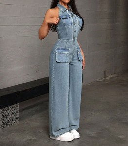 Custom Women's Vintage Summer Casual Sleeveless Denim High Waist Sleeveless Denim Jumpsuit Light Wash Casual Fit Pockets Fashion