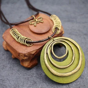 Bohemian Wood Long Sweater Chain Bamboo Necklace Waxed Cord Triple Layer Ring Alloy Pendant Vintage Ethnic Gold Color Party