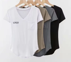 Women's High Quality Cotton T-Shirt V-Neck Curved Hem Fitted Style With Eco-Friendly Knitted Fabric For Summer Casual Wear