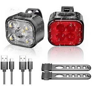 USB Rechargeable Bike Lights Set For Night Riding LED Front Back Bicycle Lights Memory Function Type C Charging Battery Power