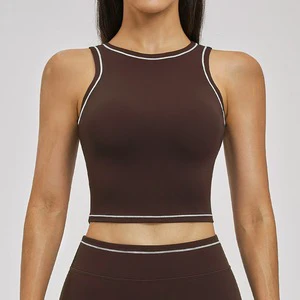 Women Contrast Piping High Neck Yoga Tank Top Cropped Soft Workout Top with Built-in Bra for Fitness Spring Summer