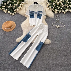 Summer Korean 2 Piece Set for Women Top And Patchwork Slim Denim Suit Clothing Wholesale