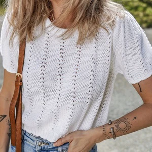 New Spring Summer Women Thin Casual Sweet French Style Crew Neck Mesh Hollow Out Knit Short Sleeve Cropped Knit Top