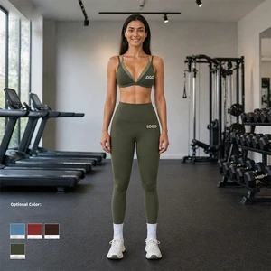 Women's 2 Piece Yoga Sets Stretch Leggings And Contrast Double Strap Triangle Sports Bra For Gym Fitness