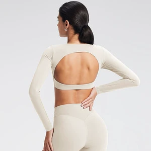 Women Hollow Back Lightweight Yoga Crop Top Long Sleeve Breathable Tight Fit Fitness Training