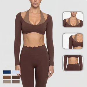 Women Color Block Long Sleeve Top Halter Neck Yoga Wear Slim Fit Workout Pilates Fitness Sports Blouse