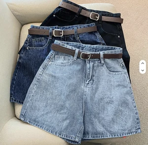 Women's High Waist Breathable Vintage Denim Shorts With Belt And Button Light Wash For Summer
