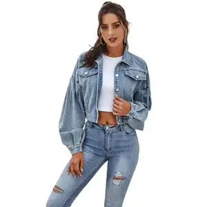 Ready Made Puff Sleeve Denim Jacket Oversize Denim Jacket Women Fashion Washed Crop Jean Jacket Wholesale