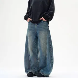 Men's Vintage Washed Denim Straight Loose Curved Knife Wide Leg Pants Streetwear Trendy Casual Hip Hop Banana Blade Trousers