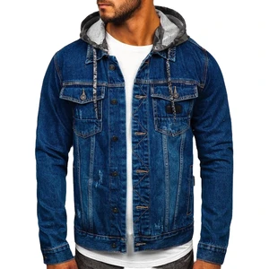 Men's Blue Denim Jacket With Hood Casual Cotton Outerwear Autumn Regular Fit Single Breasted Button Front Coat Denim Wear