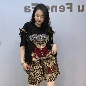 Women's Plus Size Casual Fashion Set Summer New One-Piece Rhinestones Leopard Print Loose Wide Leg Shorts Two-Piece Set B0149