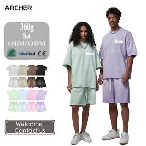 Custom Logo Washed Distressed Light Brushed Short Sleeve 360g Heavyweight T Shirt Shorts Couple Matching Loose Two Piece Set