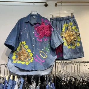 New Denim Suit Three Dimensional Flower Hand Painted Irregular Top Women's Pants Digital Printing Knee Length Shorts