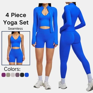 Womens Seamless Yoga Set Zip Jacket Cross Back Sports Bra High Waist Leggings Shorts Gym Workout Fitness Activewear Outfit