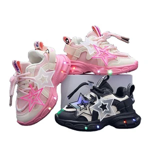 High Quality Girl Shoes Led Light Running Shoes for Girls Breathable Mesh Star Lettering Pattern Led Light Casual Shoes