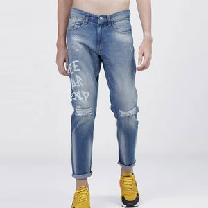 Men's Mid Waist Straight Embroidered Denim Stretch Casual Stylish High Street Trouser Lightweight Jeans Pant