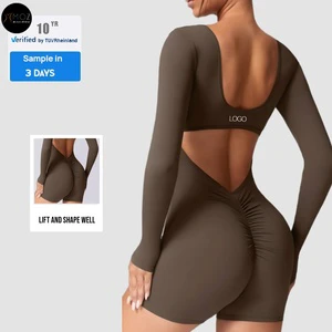 Women's Comfortable & Stylish Long Sleeve Sports Bodysuit Gym Jumpsuit with Shorts for Yoga & Fitness