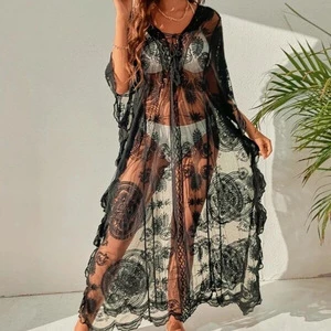 TW New Beach Sunscreen Cover Lace Hollow Solid Color Pullover V-neck Swimsuit Cover up Blouse for Women