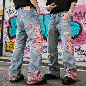 YSJY OEM Manufacturer Custom Jeans Embroidery Patch Vintage Distressed Casual High Waist Streetwear Mens Flared Denim Pants
