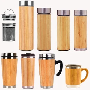 Stainless Steel Bamboo Insulated Travel Ceramic Liner Coffee Mug Cup Water Bottle With Tea Infuser Wood Tumbler With Custom Logo