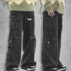 Mens Six Pocket Baggy Jeans Cargo Baggy Trousers Men Y2k Wide Leg Skater Pants Washed Denim Cargo Jeans for Men