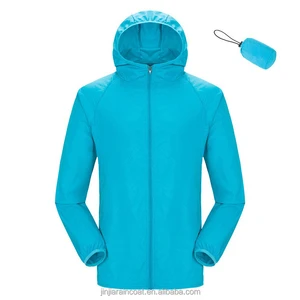 Lightweight Polyester Light Blue Women's Rain Jacket Sun Protection Coat for Outdoor Hiking with Pouch