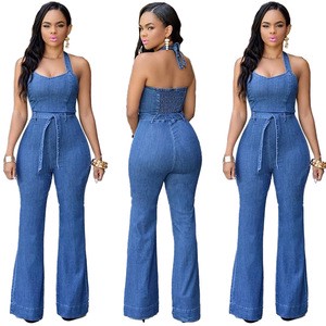 Women's Sexy Casual High Waist Denim Jumpsuit Slim Streetwear with Waist Belt Solid Pattern Summer Jeans Jumpsuit