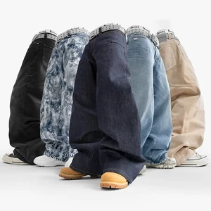 DiZNEW 2025 Men's High-End Quality Jeans American Vintage Style Wide-leg Slim Fit Mid Washed Denim Plus Size Wholesale