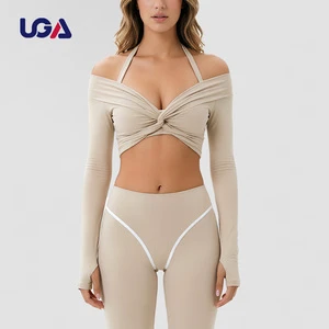 Custom Women Contrast Stitching Front Twist Deep V Soft Yoga Pilates Crop Top Gym Workout Activewear Long Sleeve Ballet Wrap Top