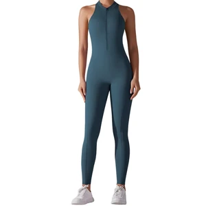 Sleeveless Workout Custom Women Backless Scrunch Butt Fitness One Piece Zip Yoga Gym Long Bodysuit Sports Jumpsuits