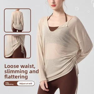Turn-down Collar Thin Solid Color Breathable Blouse Women Sport Long Sleeve Loose Yoga Top Ladies Yoga Wear Fit Pilates Sports