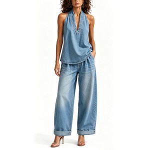 Halter Neck Denim Set Women V Top Wide Leg Jean Pants Undefined Abbigliamento Donna Clothing Manufacturers Wholesale Retro