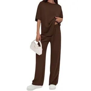 Summer Fashion Women's 2-Piece Top and Pants Set Half Sleeve Solid Color Casual Hoodie Patches Panelled Loose Wide-Leg Pants