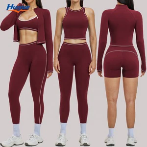 Breathable Color Contrast Outdoor Sports Running Yoga Training Set Full Sleeve Zipper Jacket High Waist Leggings Tracksuit