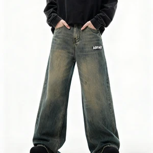 Vintage Men's Pants Trousers Washed Distressed Button-Down Cotton Straight Leg Jeans for Men