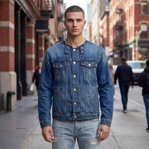 OEM ODM High Quality Mens Jeans Jacket Blue Denim Stand Collar Breathable Quilted Patchwork Premium Streetwear Outerwear