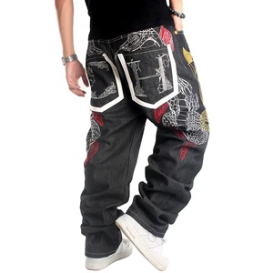 Wholesale Plus Size Mens Jeans Fashion Skateboard Pants Dragon Embroidery Baggy Jeans Hip Hop Denim Black Trousers